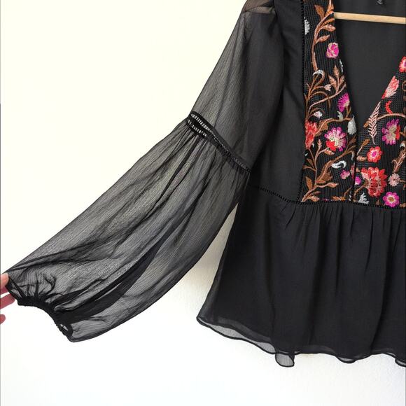 WHBM Peplum Top Blouse Long Sleeve Chiffon Embroidered Bishop Empire Size 10 - Picture 10 of 11